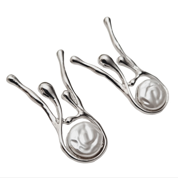 Silver Abstract statement earrings dangle Faux pearl metallic Modern 💖2/$30 - Picture 12 of 16
